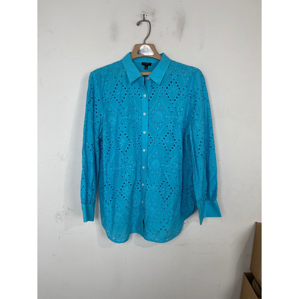 Talbots Petite‎ Blue Eyelet Cotton Button Down Shirt XL P Turquoise VN5084